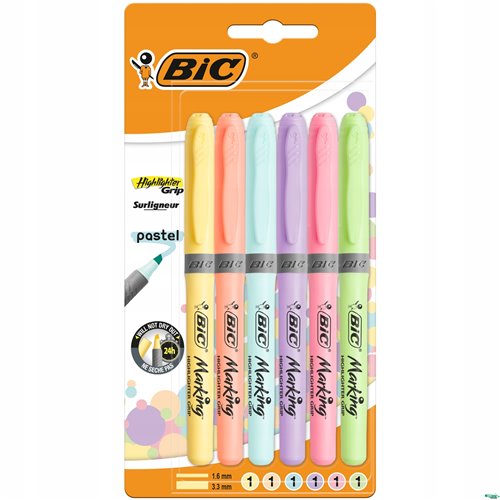 Zakreślacze BIC Highlighter Grip Pastel mix Blister 6szt, 992561