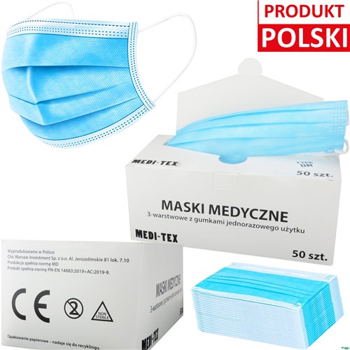 Maseczki medyczne MEDI-TEX 50szt niebieska TYP IIR CE  98%  8%VAT Produkt Polski