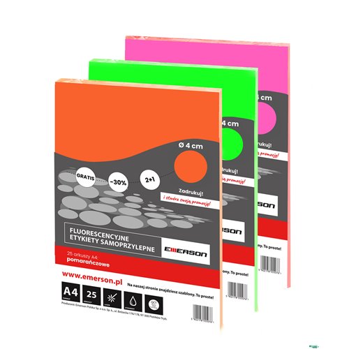 Fluorescencyjne etykiety samoprzylepne zielone kółka 40mm 25 arkuszy Emerson ETOKZIE02x025x010