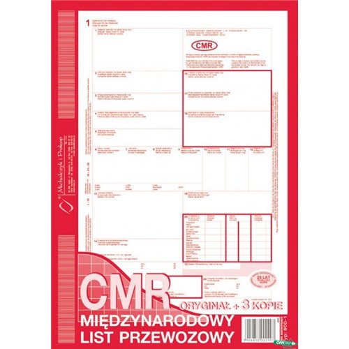 800-1N CMR A4 80kartek 1+3 numerowany międzynarodowy list przewozowy M&P