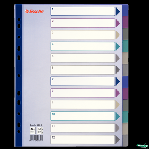 Przekładki plastikowe Multicolor PP, A4 Maxi - 12 kart Esselte, 20649