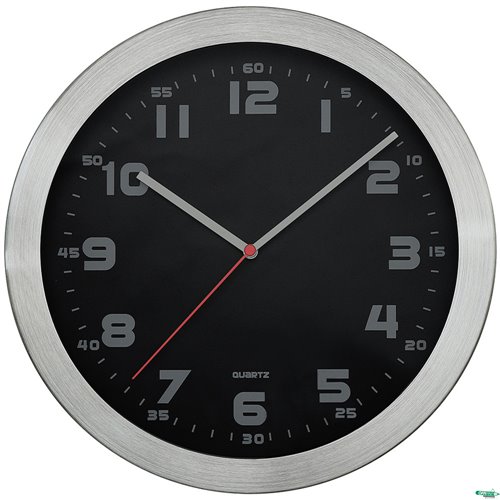 Zegar ścienny aluminiowy 29,5cm, srebrny z czarną tarczą  MPM E01.2482.7090