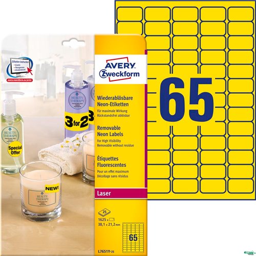 Etykiety żółte neonowe L7651Y-25 38,1x21,2 25ark Usuwalne Avery Zweckform