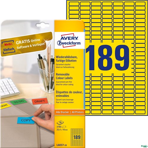 Etykiety żółte L6037-20 25,4 x 10 20 ark. usuwalne, Avery Zweckform