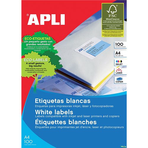 Etykiety uniwersalne białe prostokątne 210*297 (100) permanentne APLI